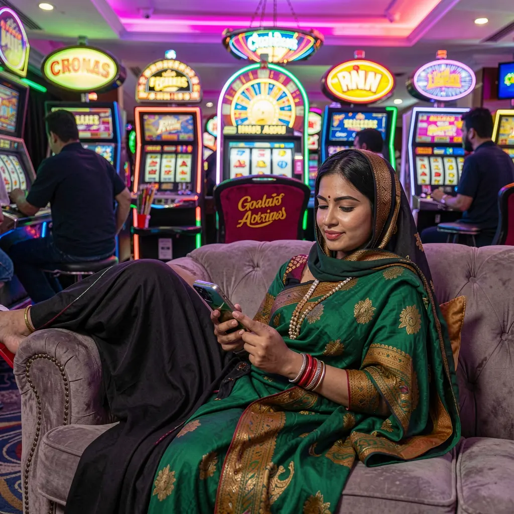BK666 App – Discover a wide variety of casino games made for Bangladeshi players Confident Bangladeshi player focused on her phone while exploring colorful slot machines and casino games inside the BK666 app