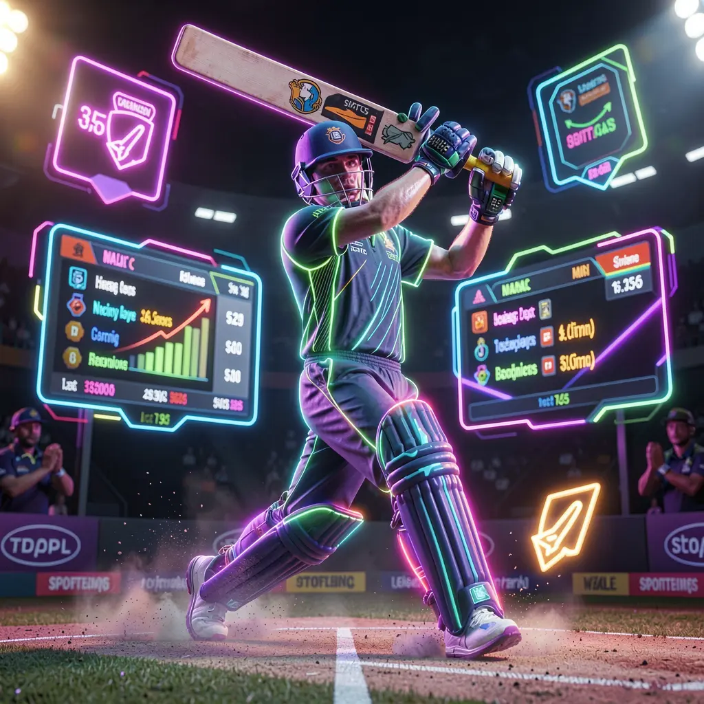 Dynamic neon cricket player striking the ball in a futuristic stadium representing live sports betting action on BK666 in Bangladesh
