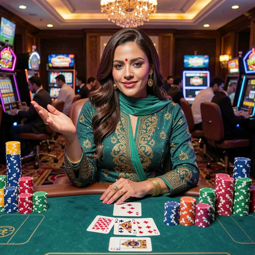 Attractive live casino dealer standing by a gaming table with colorful chips and cards creating an immersive BK666 online casino experience for players in Bangladesh